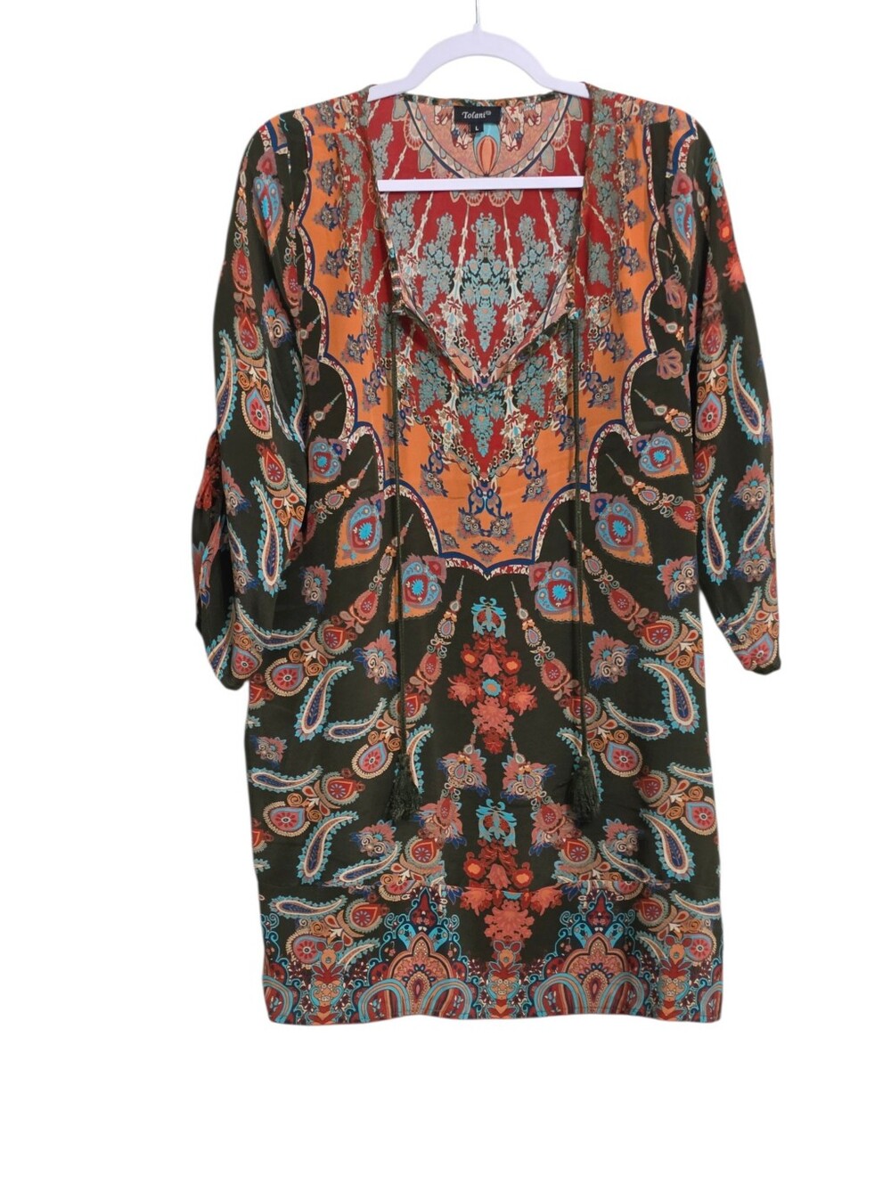 Tolani 100% Silk Olive Green Mini Dress L Floral Paisley Western Boho